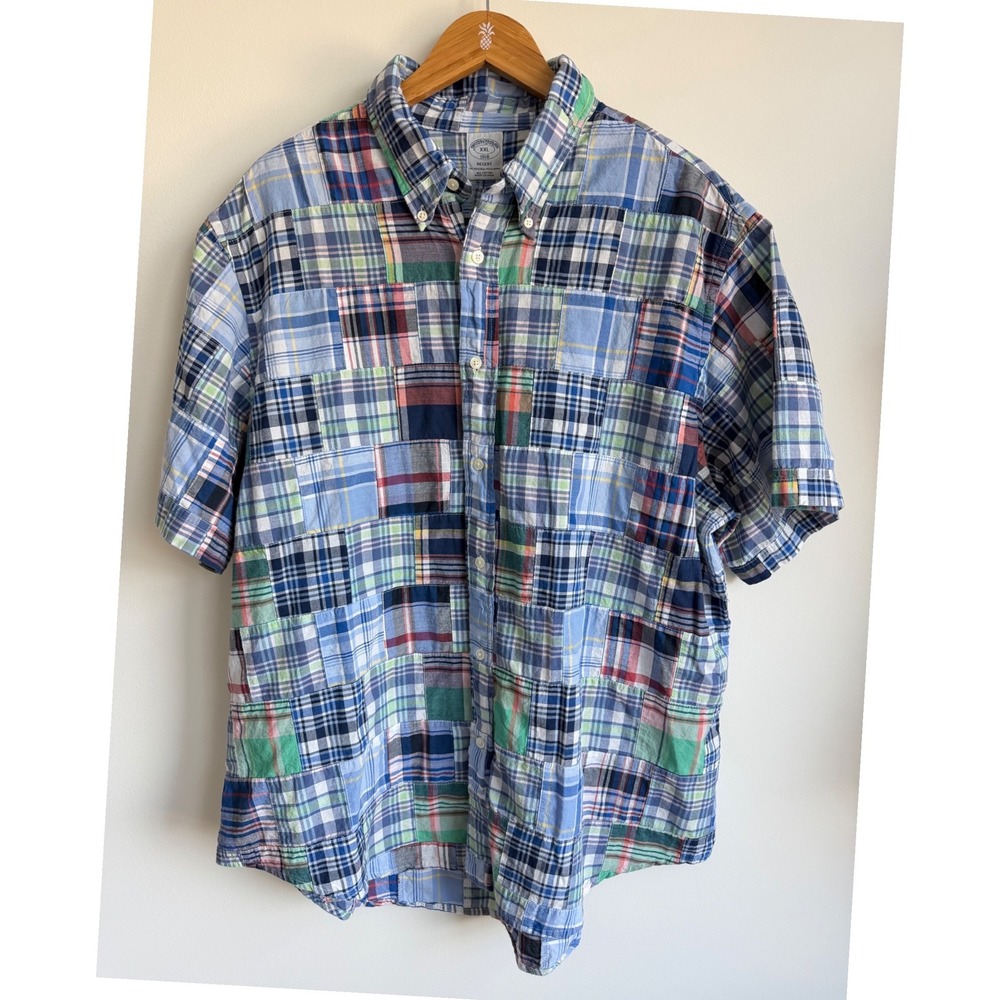 Brooks Brothers Patchwork Plaid Shirt Blue Cotton Preppy Regent Fit XXL